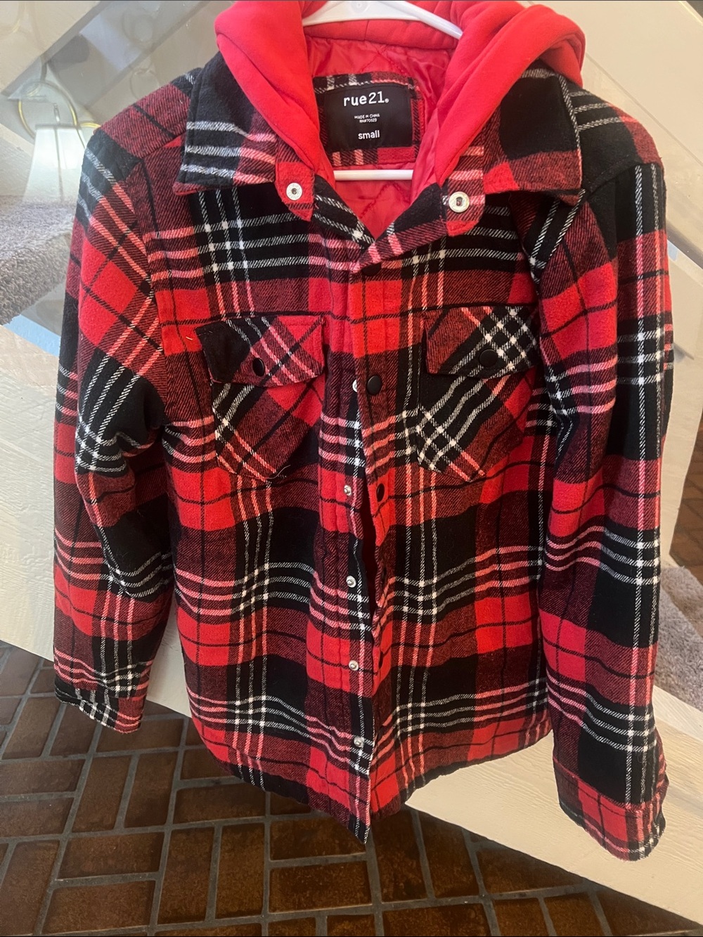 rue21 Red and Black Plaid Hooded unisex jacket S